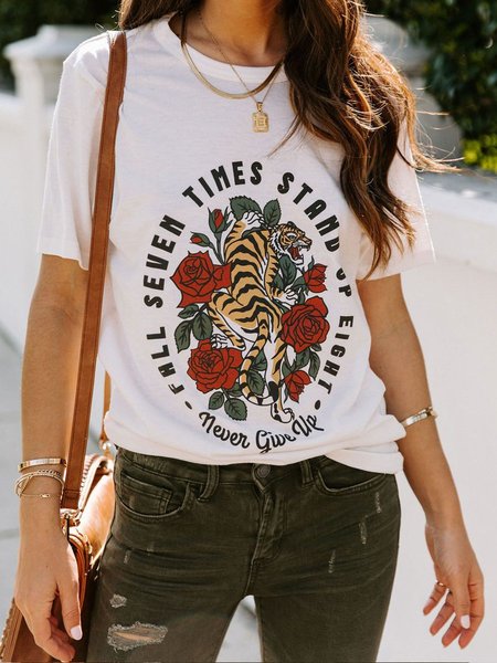 

Tiger Print Short Sleeve Crew Neck Shirts & Tops, White, T-shirts