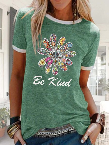 

Floreale Maniche Corte Stampato Misto Cotone Girocollo Casuale Estate verde Superiore, T-Shirts