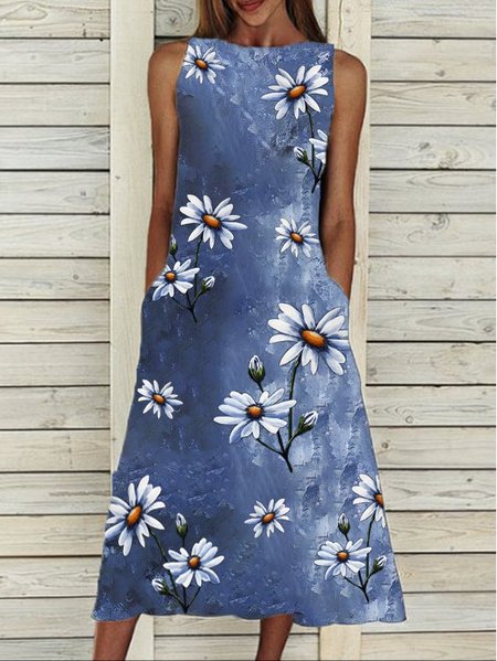 

Abito Stampato Elegante Floreale Senza Maniche, Blu, Midi Dresses