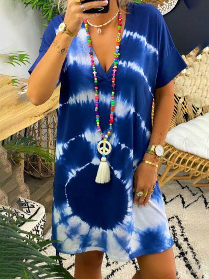 

Abito Scollo a V Maniche Corte, Blu, Casual Dresses