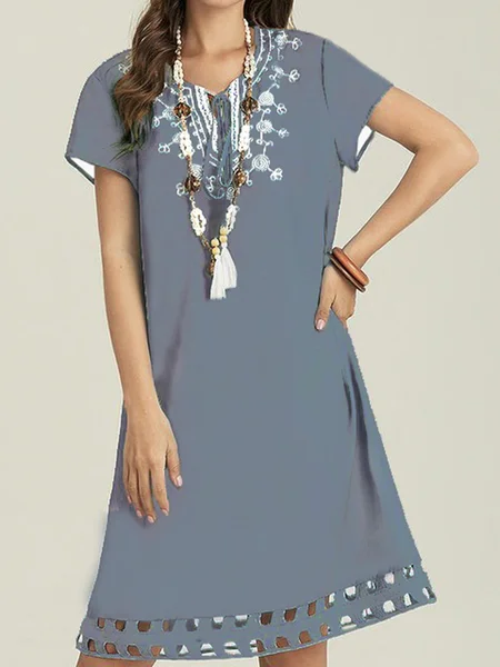 

Cotton Short Sleeve Casual Tribal Dresses, Dark blue, Dresses