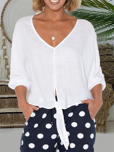 

Casual Solid 3/4 Sleeve V-Neck Loose T-shirt, White, Auto-Clearance