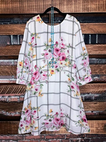 

Checked Floral Graphic Lace-up Dress, White, Floral Dress