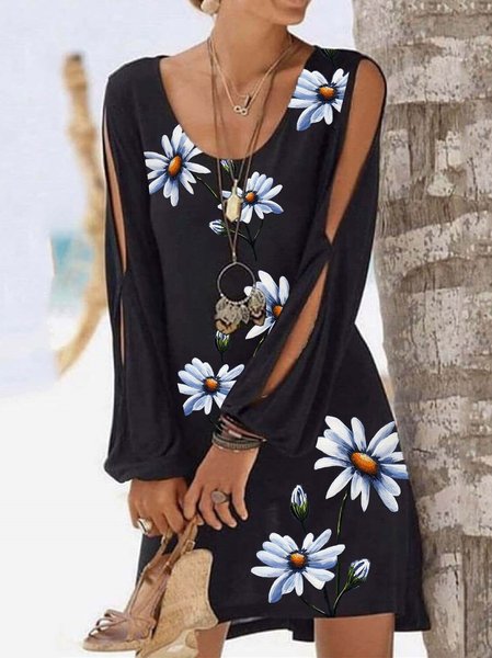 

Long Sleeve Printed Elegant Floral Weaving Dress, Black, Floral Dresses