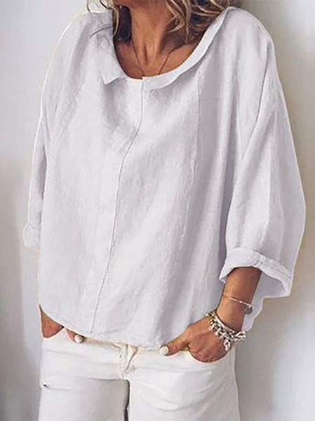 

Women White Lightweight Shawl Collar 3/4 Sleeve Cotton and Linen Blouse, Blouses & Shirts