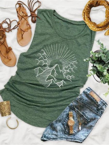 

Casual Geometric Crew Neck Sleeveless Shirts & Tops, Green, Tank Top
