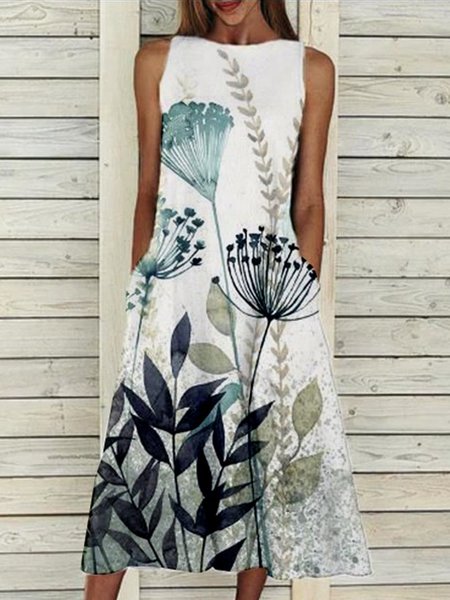 

Abito Senza Maniche Stampato Floreale, Bianco, Midi Dresses