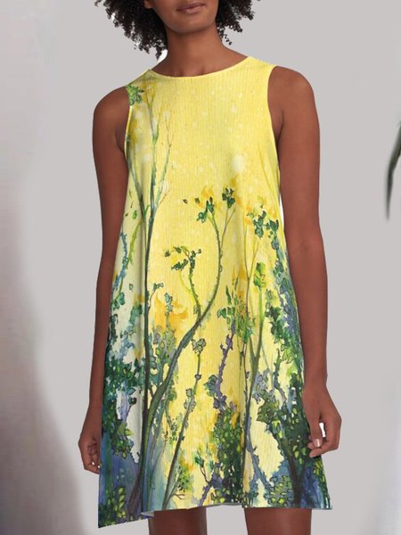 

Casual Floral Printed Crew Neck Weaving Dress, As picture, Floral Dresses