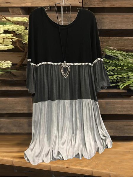 

Color-Block Crew Neck Casual Half Sleeve Weaving Dress, As picture, Auto-Clearance