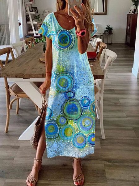 

Abito Maniche Corte Girocollo, Blu, Linen & Cotton Dresses