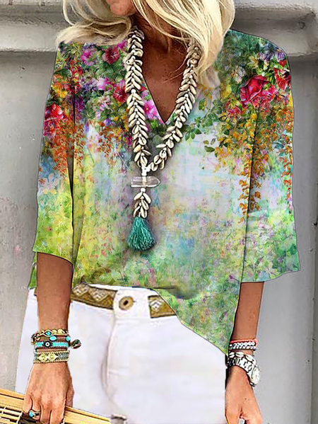 

Plus size Floral V Neck Tops, Green, Blouses & Shirts
