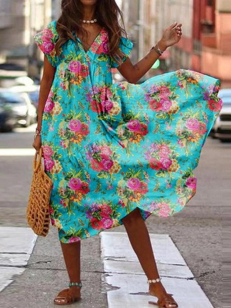 

Abito Maniche Corte Scollo a V Floreale Misto Cotone, Verde blu, Summer dresses