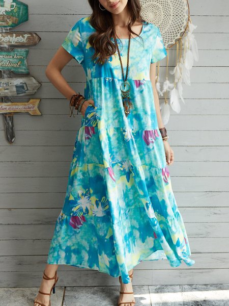 Floral Short Sleeve A-Line Casual Dresses, Blue, Dresses