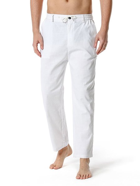 

Plain Drawstring Cotton Pants, White, Men's pants