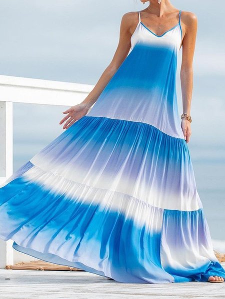 

Senza Maniche Ombre/tintura A Nodi Vintage Abito, Blu, Maxi Dresses