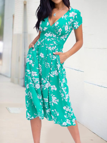 

Abito Tasche Bohemian Floreale, Verde, Midi Dresses