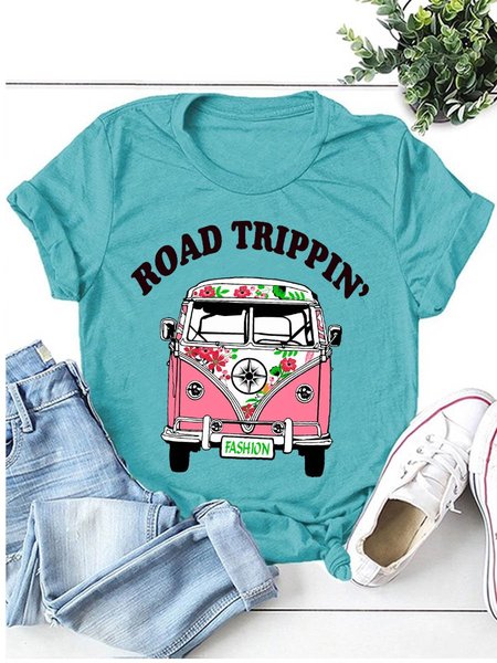 

Road Trippin' Bus Graphic Short Sleeve Round Neck Loose Tee, Turquoise, T-shirts