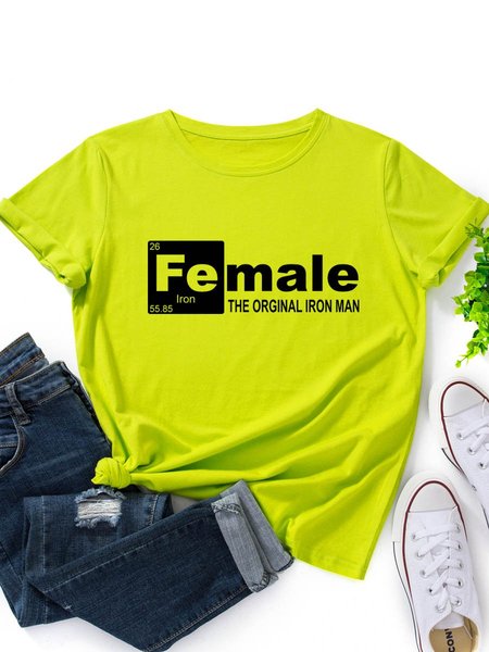 

Female Orginal Iron Man Graphic Short Sleeve Round Neck Loose Tee, Fluorescent green, T-shirts