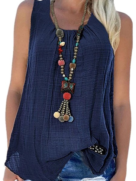

Women Solid Color Linen Round Neck Sleeveless Tanks Casual Linen Tops, Blue, Tank Top