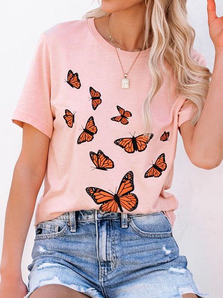 

Women's ButterflyPrinted Graphic Casual Short Sleeve Shirt Top, Pink, T-shirts