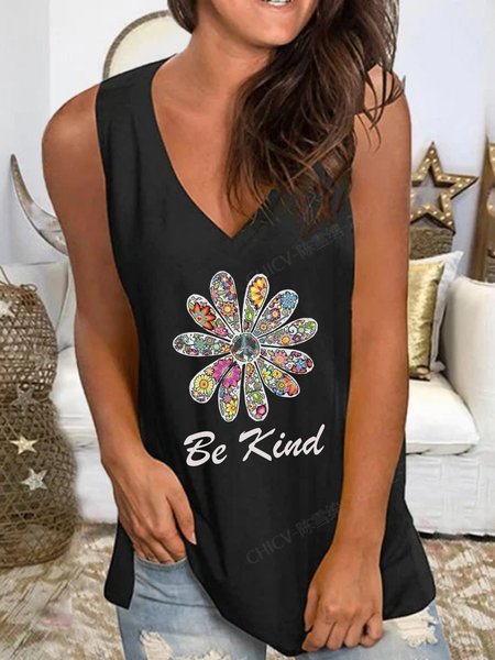 

Floreale Senza Maniche Stampato Misto Cotone Scollo A V Casuale Estate Nero Superiore, Tank Top