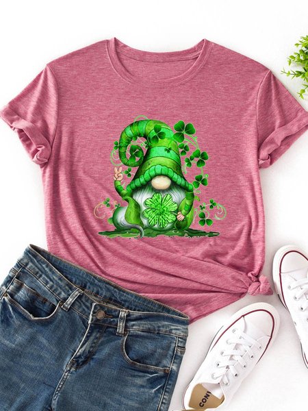 

Gnome Shamrock Graphic Short Sleeve Round Neck Loose Tee, Brick red, T-shirts