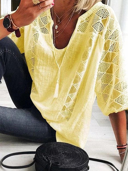 

JFN U Neck Lace Cut-Out Casual T-Shirt/Tee, Yellow, T-Shirts