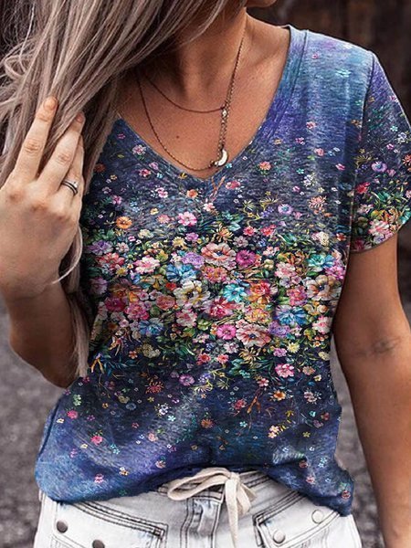 

Women's Floral V Neck Floral-Print Short Sleeve Casual T-shirt, Blue, Tops