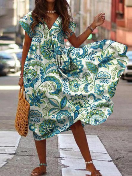 

Geometrico Maniche Corte Casuale Scollo a V Midi Abito, Come immagine, Dresses