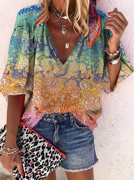 

Plus size Hippie Printed Long Sleeve Shirts & Tops, Orange, T-Shirts