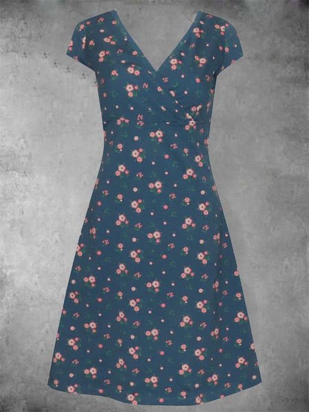 

Short Sleeve Floral-Print Casual V Neck Dresses, Navy blue, Auto-Clearance