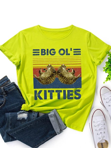 

Big Ol Kitties Funny Vintage Cat Graphic Short Sleeve Round Neck Loose Tee, Fluorescent green, T-shirts