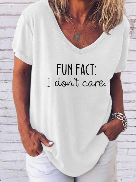 

Fun Fact I Don't Care Women's V Neck T-Shirt Tee, White, T-shirts