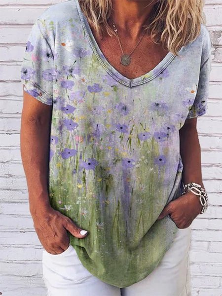 

Oil Painting Flower Texture Shift Short Sleeve Shirts & Tops, Gray purple, Auto-Clearance