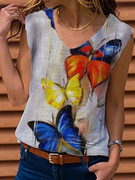 Butterfly Oil Painting Art Sleeveless Casual V Neck T-shirt, As picture, Tanks & Camis