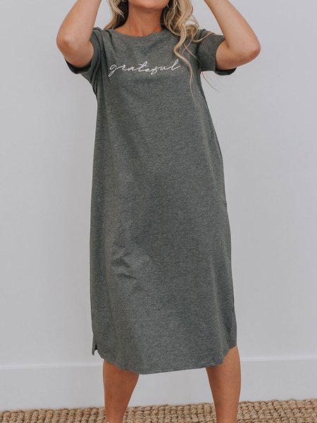 Casual Letter Polyester Cotton Shift Knitting Dress, Gray, Midi Dresses