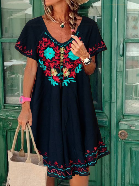 

Nuovo Donna Chic Vintage Vacanza Bohemian hippie Casuale Maniche Corte Scollo a V Abito, Nero, Summer dresses