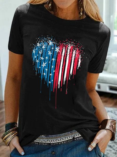 

Plus Size Short Sleeve Crew Neck Bleeding Heart American T-shirt, Black, Tops