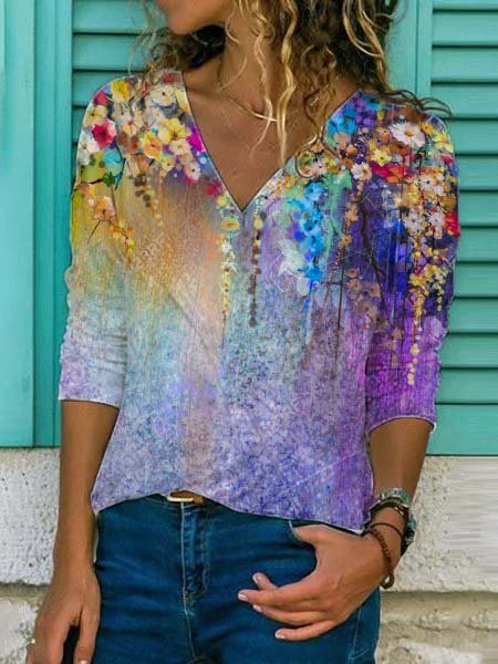 

Scollo a V Maniche Lunghe Stampato Floreale Top, Multicolore, T-Shirts