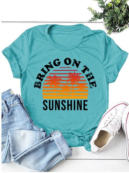 

California Palm Tree Graphic Short Sleeve Round Neck Loose Tee, Turquoise, T-shirts