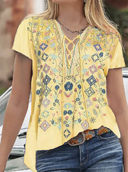 

Plus size Short Sleeve Boho V Neck Shirts & Tops, Yellow, Tops
