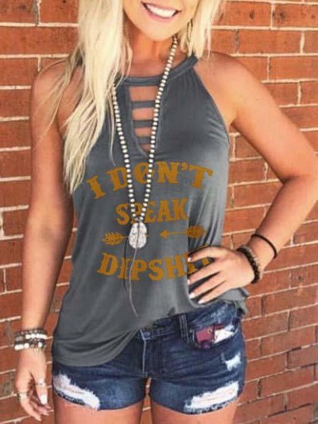

Sleeveless Letter Cotton-Blend Vintage Shirts & Tops, Gray, T-Shirts
