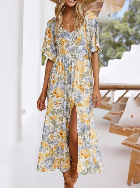 

V Neck Short Sleeve Floral Elastane Weaving Dress, Flower, Dresses