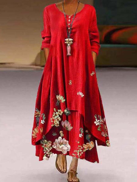 

Floreale 3/4 Manica A-line Gonna Casuale, Rosso, Maxi Dresses
