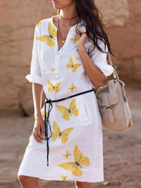 

Abito Mezza Manica Scollo a V Misto Cotone, Bianco, Midi Dresses