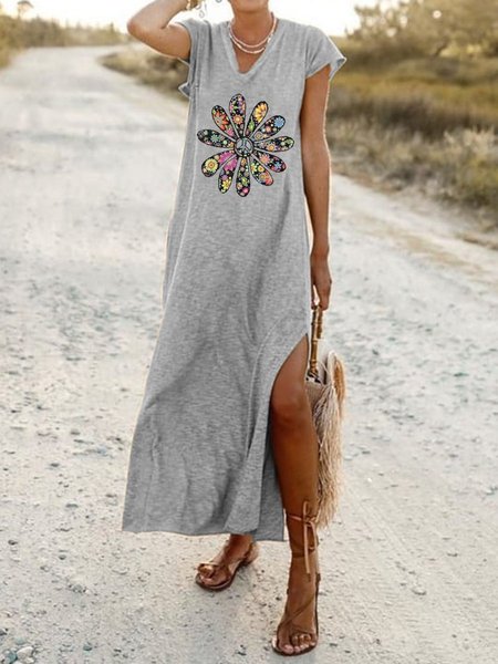 

Maniche Corte Scollo a V Gonna Casuale, Grigio, Dresses