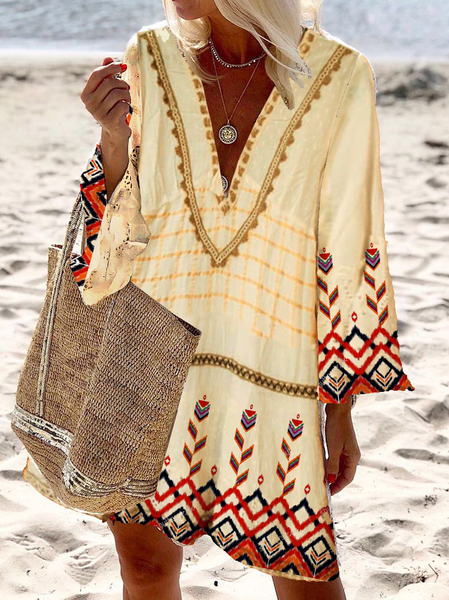 Maniche Lunghe Scollo a V Gonna Casuale, Giallo chiaro, Summer dresses