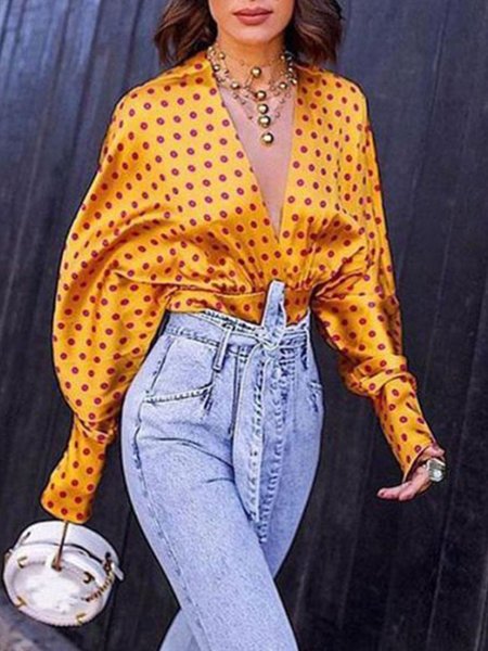 

Polka Dots V Neck Vintage Blouse, Yellow, Blouses and Shirts