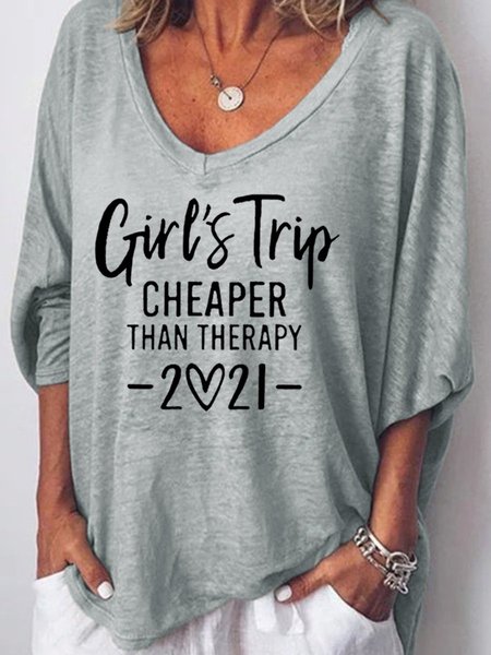 

Girl's Trip Cheaper Than Therapy Women's V Neck T-Shirt, Grey, Long sleeves