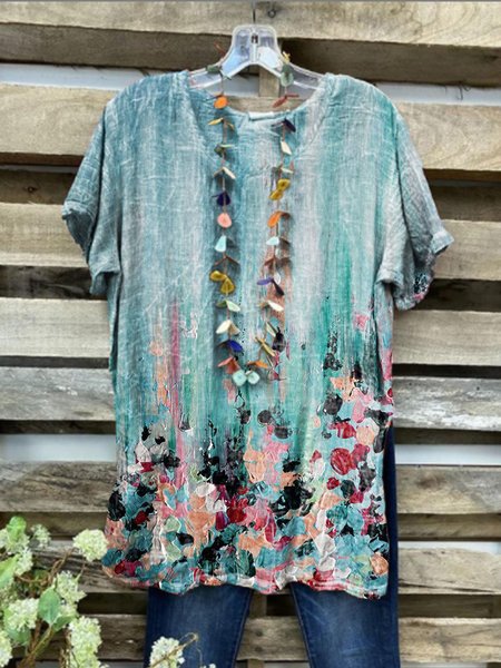 

Casual Crew Neck Floral-Print Short Sleeve Shirts & Tops, Blue, Tops
